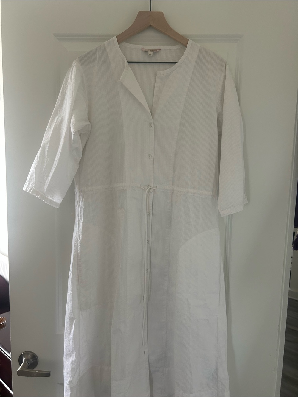 GAP White Long-Sleeve Button-Front Drawstring Waist Dress